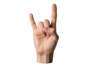 Hand making horns gesture with extended index and little finger, symbolizing rock, energy, expression, identity