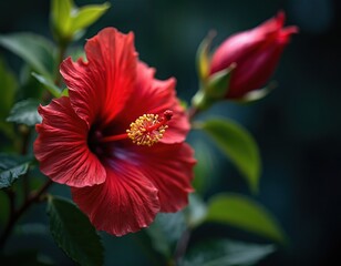 Close-up red hibiscus flower in garden with bud. Delicate petals, intricate stamen detail. Tropical botanical plant, vivid color, natural beauty. Feminine elegant romantic charm.