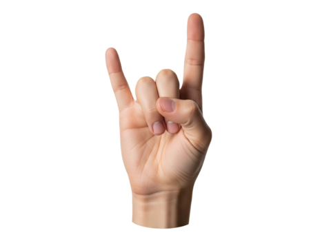Hand making horns gesture with extended index and little finger, symbolizing rock, energy, expression, identity