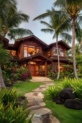 Luxurious wooden home nestled in tropical garden