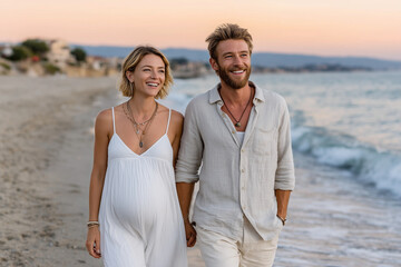 Smiling expecting couple walking hand in hand along beach at sunset, pregnant woman in white dress and partner in light linen shirt, romantic summer maternity and lifestyle moment