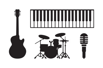 Musical instruments silhouette collection featuring guitar piano drum set and microphone