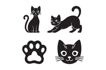 Four black cat illustrations in a row