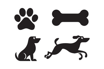 Simple black dog icons and paw print bone graphics