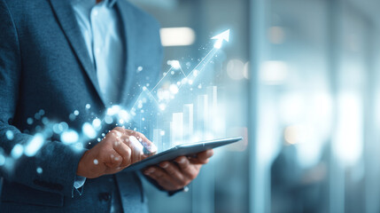 Businessman using a tablet to display a holographic financial bar chart with an upward arrow