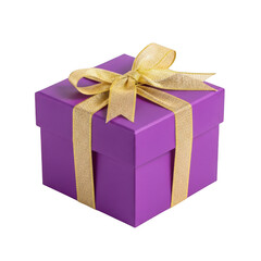 Fototapeta premium Festive purple gift box tied with a shiny gold ribbon and bow transparent background
