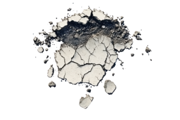 Crushed eyeshadow palette with multiple colors isolated on transparent background. The texture of cracked old asphalt in need of repair isolated on white background.