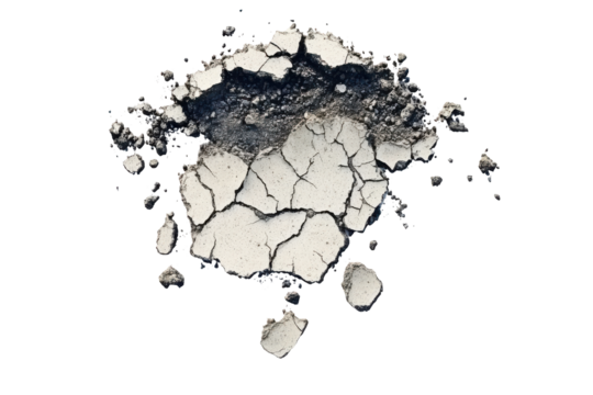 Crushed eyeshadow palette with multiple colors isolated on transparent background. The texture of cracked old asphalt in need of repair isolated on white background.