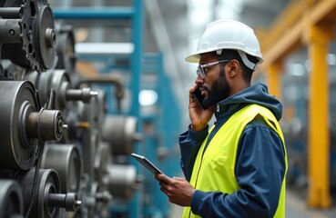 African male engineer, wearing hard hat, safety vest, talks on smartphone next to industrial machinery. Holds tablet, discusses business operations, production plans in plastic, steel manufacturing