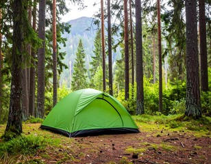 Green tent in forest