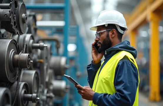African male engineer, wearing hard hat, safety vest, talks on smartphone next to industrial machinery. Holds tablet, discusses business operations, production plans in plastic, steel manufacturing