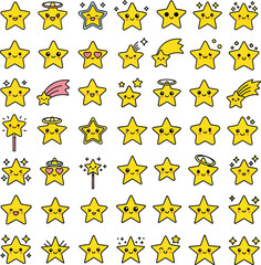 Cute Star Character Icon Set, Kawaii Smiling and Emotional Stars, Cartoon Celestial Mascot Vector Illustration for Kids