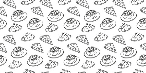 Seamless food pattern with pizza slices, dumplings, and noodles in hand drawn doodle style. Perfect for packaging, menus, backgrounds, and restaurant branding designs. Fun black outline vector repeat 