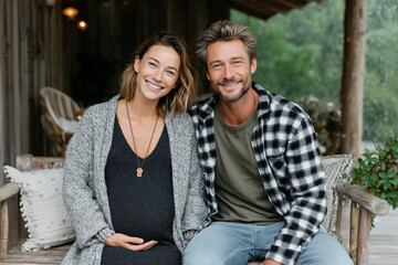 Smiling expecting couple sitting on rustic porch together, pregnant woman in knit cardigan holding baby bump, cozy outdoor maternity lifestyle portrait with love and connection