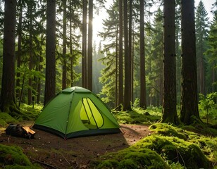 Green tent in a sunlit forest