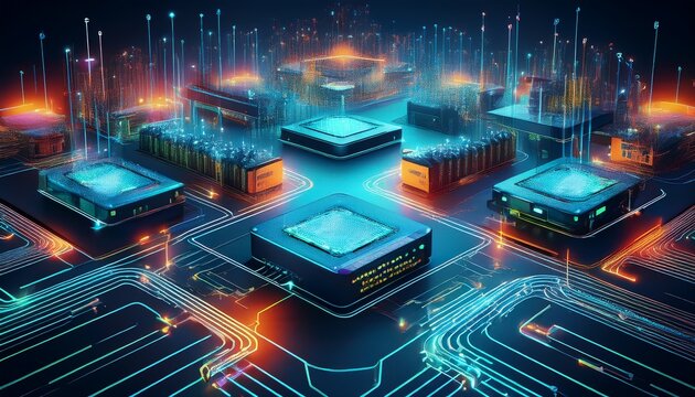a digital network diagram illustrating connections between servers routers and a computer symbolizing data flow and connectivity