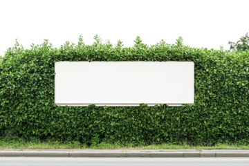 Blank white sign board on green fence isolated on transparent background. Blank white screen sign board placed outside next to green tree fence isolated on white background.