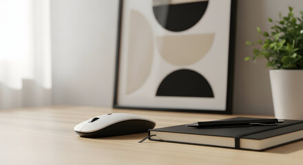 Desk Workspace Arrangement Featuring Mouse, Diary, Pen, Art, and Small Decorative Plant Scene
