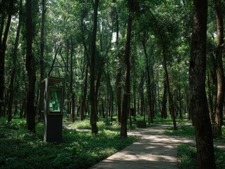 Fototapeta premium Forest path with lush trees, dappled light, and an information kiosk