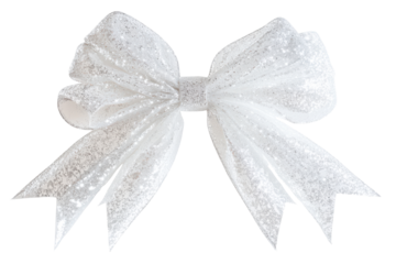 Elegant white glitter bow isolated on transparent background. White christmas decoration ribbon bow isolated on white background.