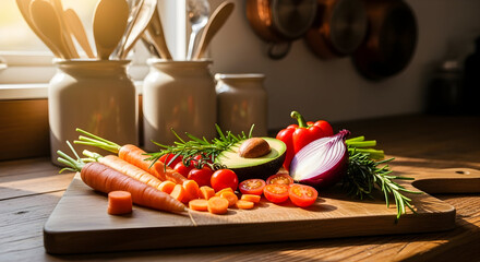 Culinary Still Life Of Fresh Vegetables, A Vibrant Composition In A Kitchen