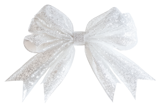 Elegant white glitter bow isolated on transparent background. White christmas decoration ribbon bow isolated on white background.