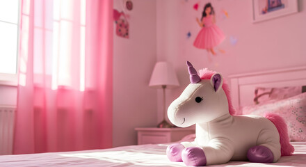 Cute pink unicorn toy in a child's bedroom on a sunny day with pink curtains