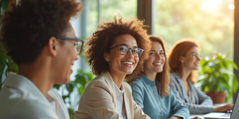 Diverse women collaborate in corporate training, gaining skills for job success. Tailored programs support pro growth, enhance performance, prepare for future workplace challenges. Focus on teamwork,