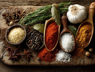 Kadr z góry na deskę, na której leżą przyprawy: pieprz, sól, papryka, curry, czosnek i anyż. Obok leżą zioła. © Silent26