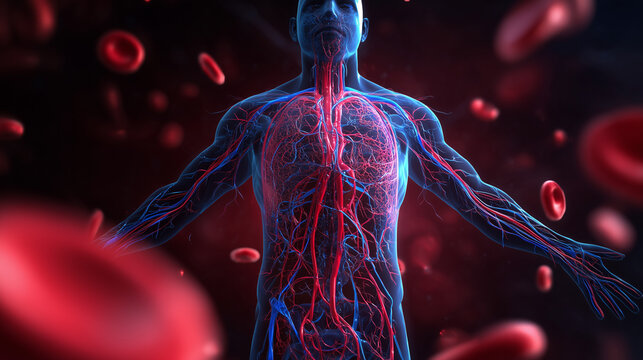 Anatomy of Human Circulatory System with Floating Red Blood Cells