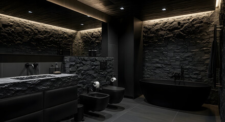 Dark And Luxurious Bathroom Interior Showcasing Modern Design With Stone Accents And Lighting
