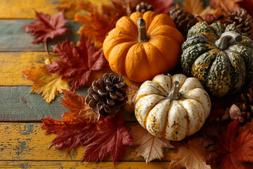 Kolorowa, jesienna kompozycja z małymi dyniami, szyszkami i liśćmi ułożonymi w prawym górnym rogu na drewnianym, zniszczonym blacie.
