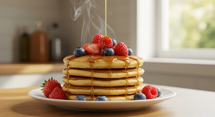 A stack of pancakes drizzled with syrup and topped with berries on a plate in a bright kitchen
