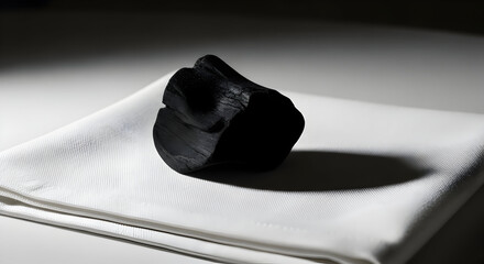 Dark Charcoal Piece Resting Elegantly On Soft White Linen Surface With Shadows