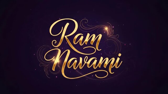 Elegant gold typography on purple background celebrating Ram Navami with sparkling motion