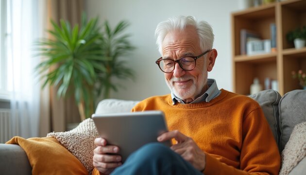 Elderly man with white hair, glasses uses digital tablet for cognitive exercise at home. Mature senior enjoys learning, mental stimulation on device. Technology supports brain health, active