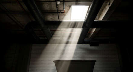 Dramatic Illumination Inside Industrial Space With Plumbing Against Brick Wall Abstract