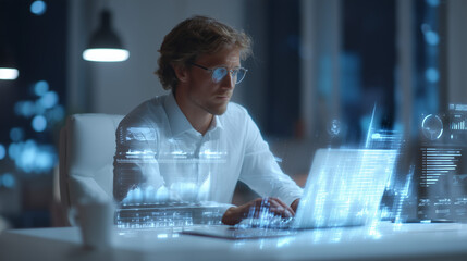 Young Man Working on Laptop with Holographic Data Interface at Night
