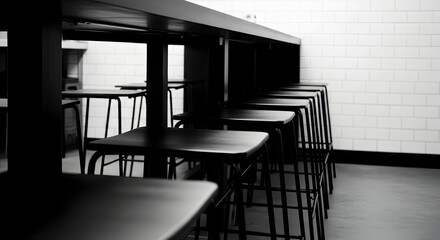 Dark, Minimalist Interior Showcasing Simple Furniture And Architectural Details