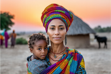 Portrait of mother holding child at sunset in traditional colorful clothing, standing in rural village with thatched hut in background, cultural heritage, motherhood, and family life