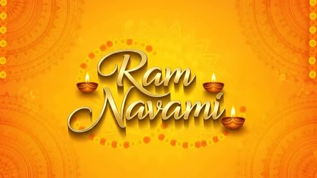 Festive Ram Navami celebration with glowing diyas and vibrant patterns on bright yellow background