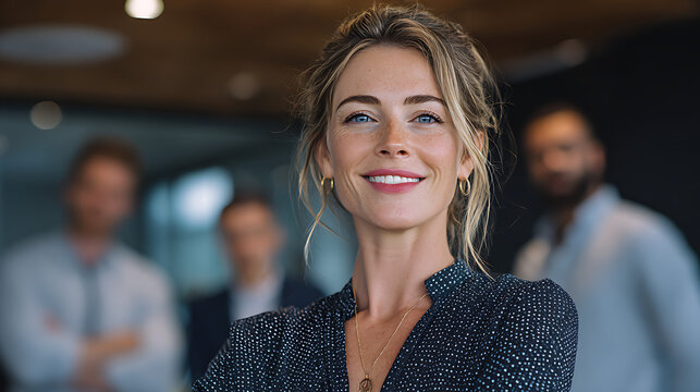 confident smiling businesswoman standing in office with blurred colleagues in background