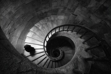 Spiral staircase, seen from above, in a historical building.  A person walking up the steps, in grayscale