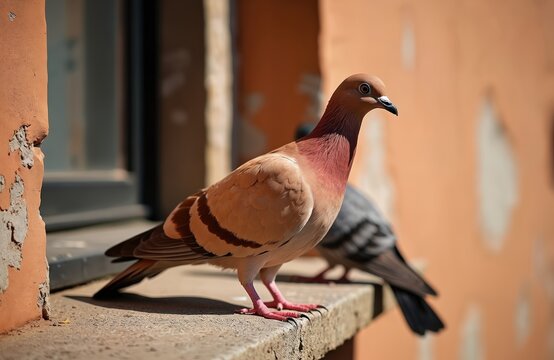 Close-up of a brown pigeon perched on a ledge by a house building. Feather details visible. Another pigeon blurred in background. Bird stands still, observing surroundings. Nature, wildlife scene.