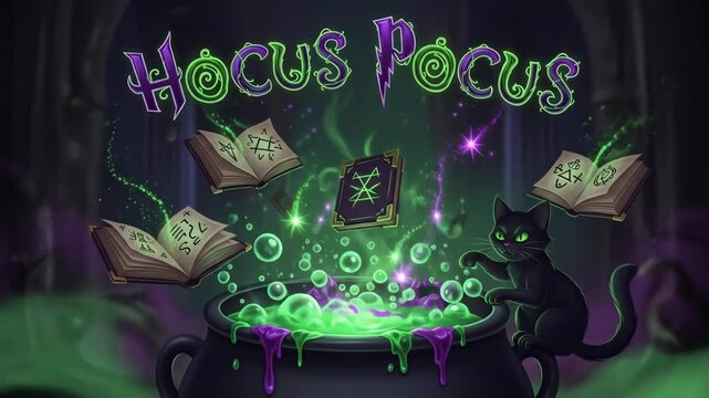 Magical cat conjures spells with floating books and glowing potions in mystical environment