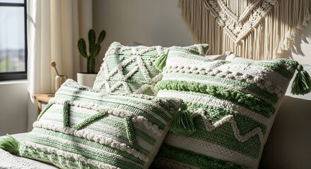 Decorated Pillows With Green Accents on a Bed, Cozy Textured Design