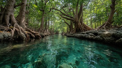 Clear Water Flows Through Jungle River, Showing Roots of Large Trees
