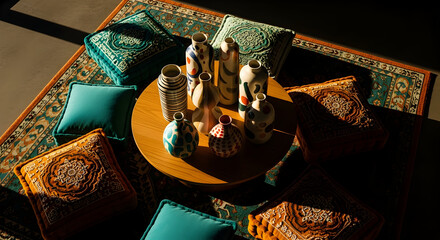 Decorative Arrangement Of Pottery, Rugs, And Pillows Lit By Sunlight Creating Ambiance