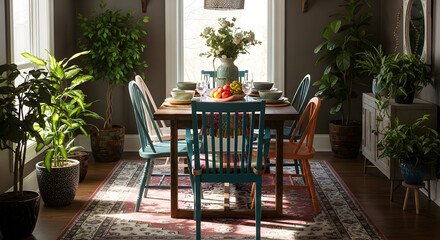 Eclectic Dining Room Scene Featuring Plants, Furniture, And Natural Elements