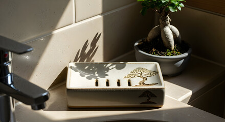 Decorative Bonsai, Artistic Soap Dish, and Bathroom Details with Natural Sunlight